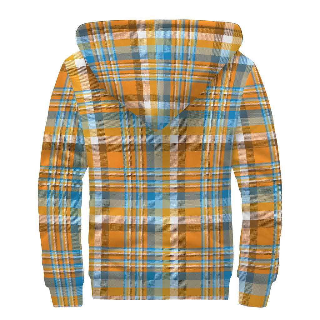 Orange And Blue Madras Pattern Print Sherpa Lined Zip Up Hoodie