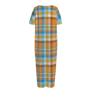 Orange And Blue Madras Pattern Print Short Sleeve Long Nightdress