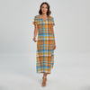 Orange And Blue Madras Pattern Print Short Sleeve Maxi Dress