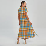 Orange And Blue Madras Pattern Print Short Sleeve Maxi Dress