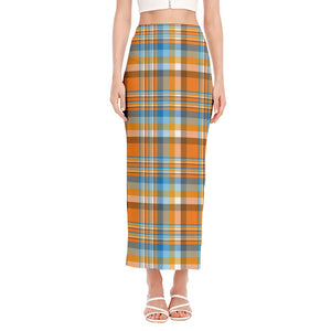 Orange And Blue Madras Pattern Print Side Slit Maxi Skirt