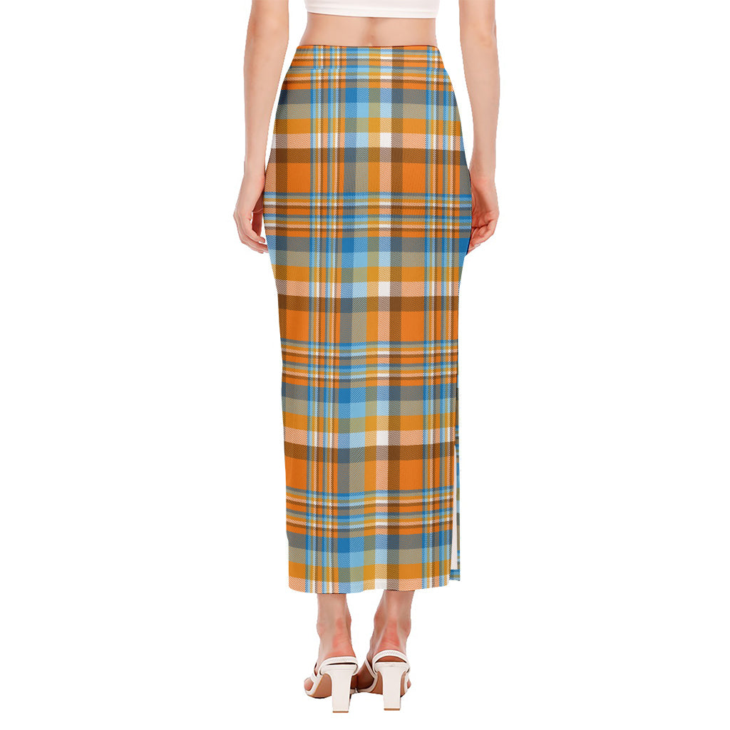 Orange And Blue Madras Pattern Print Side Slit Maxi Skirt