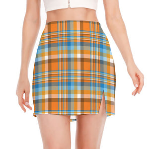 Orange And Blue Madras Pattern Print Side Slit Mini Skirt