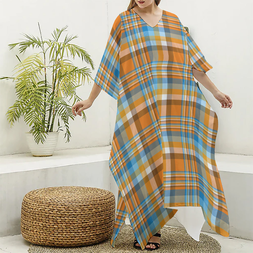 Orange And Blue Madras Pattern Print Silk V-Neck Kaftan Dress