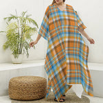 Orange And Blue Madras Pattern Print Silk V-Neck Kaftan Dress