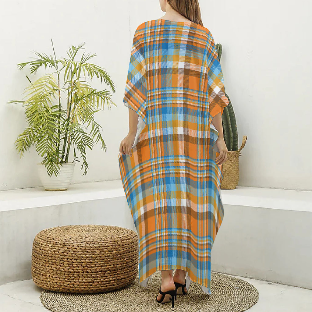 Orange And Blue Madras Pattern Print Silk V-Neck Kaftan Dress