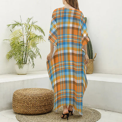 Orange And Blue Madras Pattern Print Silk V-Neck Kaftan Dress