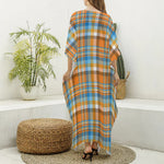Orange And Blue Madras Pattern Print Silk V-Neck Kaftan Dress
