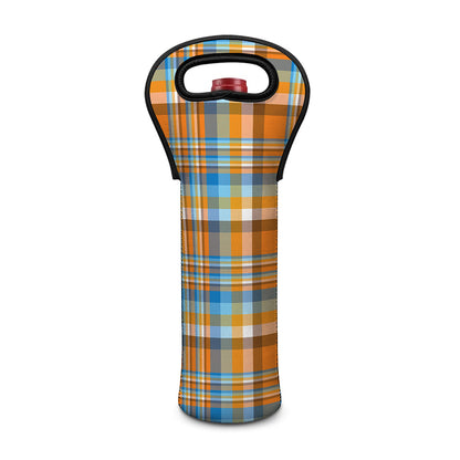 Orange And Blue Madras Pattern Print Single Neoprene Wine Tote