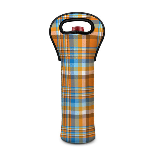 Orange And Blue Madras Pattern Print Single Neoprene Wine Tote