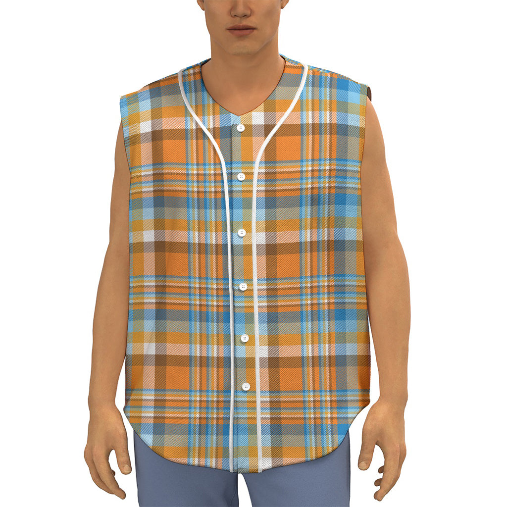 Orange And Blue Madras Pattern Print Sleeveless Baseball Jersey