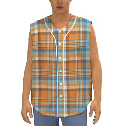 Orange And Blue Madras Pattern Print Sleeveless Baseball Jersey