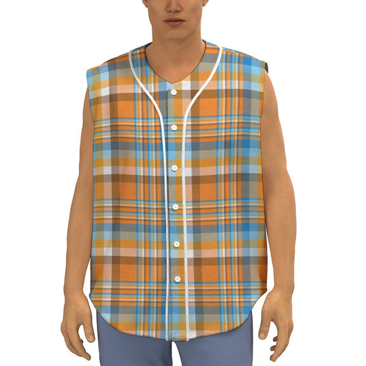 Orange And Blue Madras Pattern Print Sleeveless Baseball Jersey