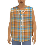 Orange And Blue Madras Pattern Print Sleeveless Baseball Jersey