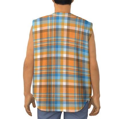 Orange And Blue Madras Pattern Print Sleeveless Baseball Jersey