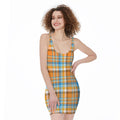Orange And Blue Madras Pattern Print Sleeveless Bodycon Dress