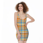 Orange And Blue Madras Pattern Print Sleeveless Bodycon Dress