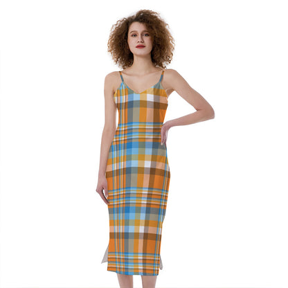 Orange And Blue Madras Pattern Print Slim Fit Midi Cami Dress