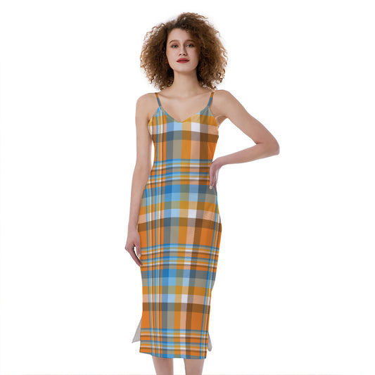 Orange And Blue Madras Pattern Print Slim Fit Midi Cami Dress