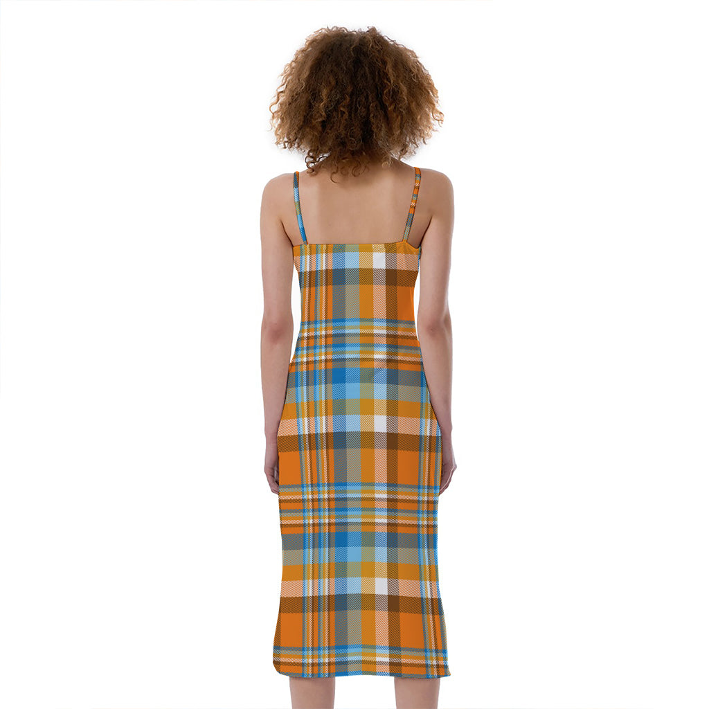 Orange And Blue Madras Pattern Print Slim Fit Midi Cami Dress