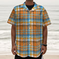 Orange And Blue Madras Pattern Print Textured Short Sleeve Shirt