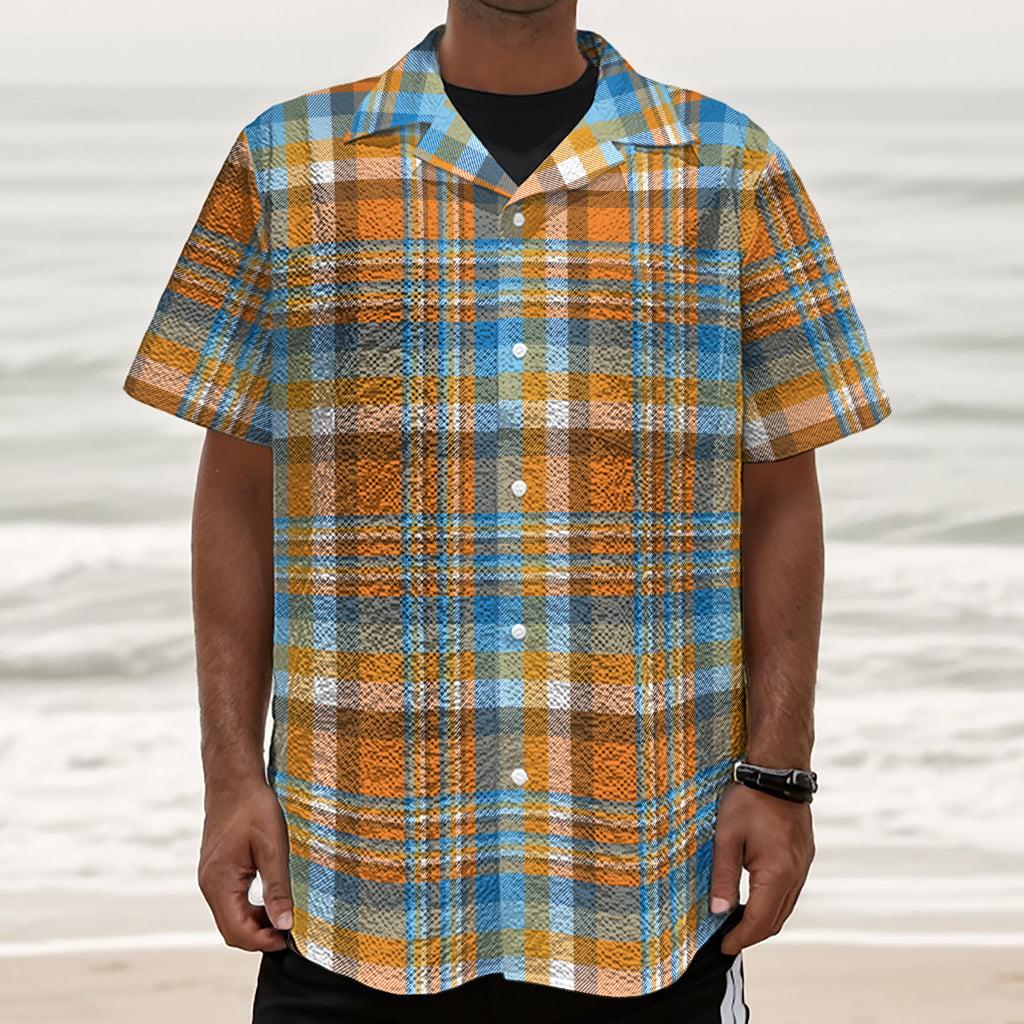 Orange And Blue Madras Pattern Print Textured Short Sleeve Shirt