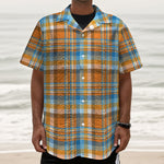 Orange And Blue Madras Pattern Print Textured Short Sleeve Shirt
