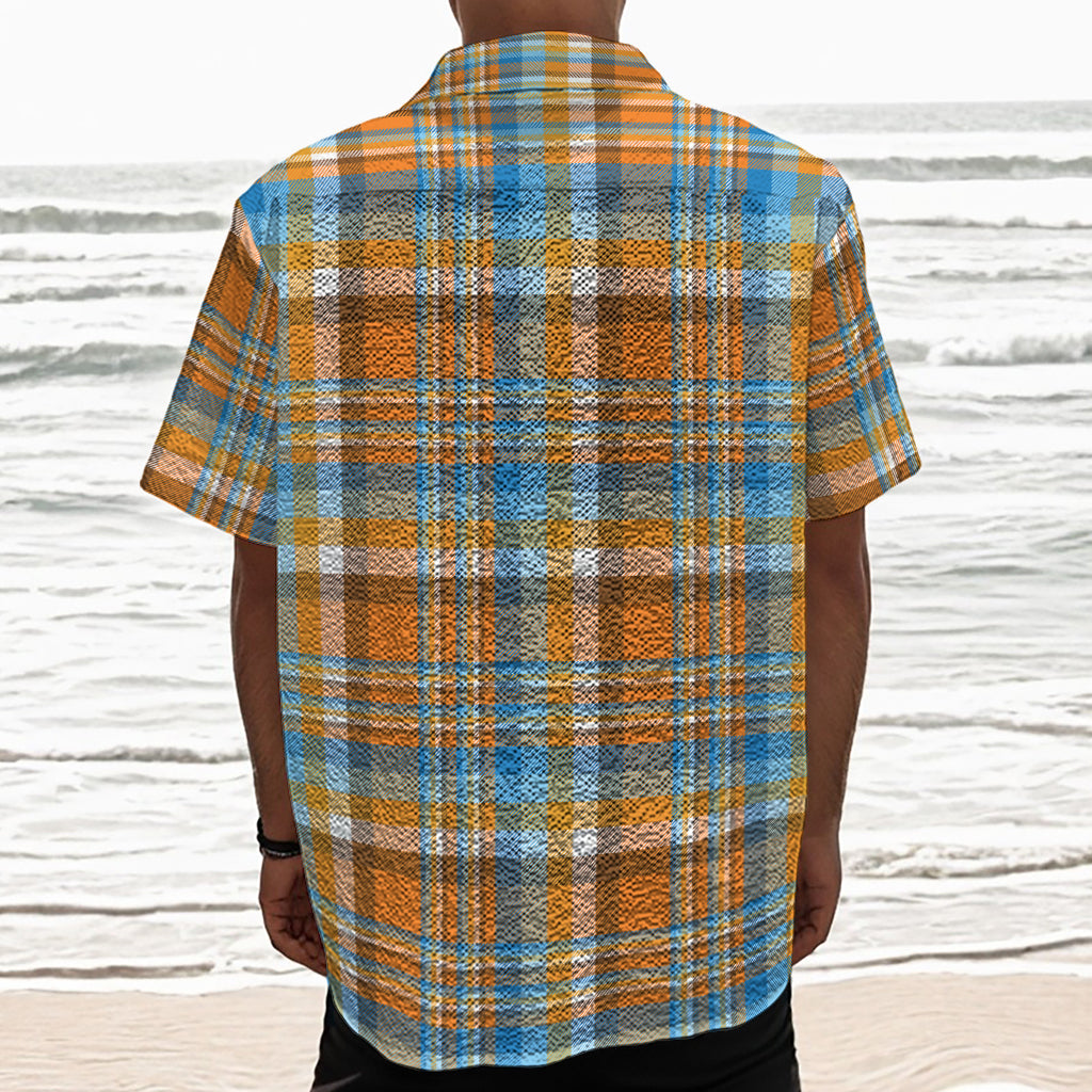 Orange And Blue Madras Pattern Print Textured Short Sleeve Shirt