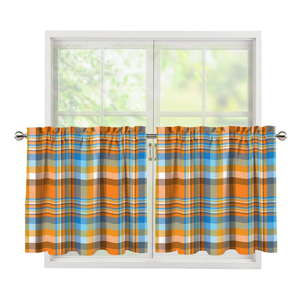 Orange And Blue Madras Pattern Print Tier Curtains
