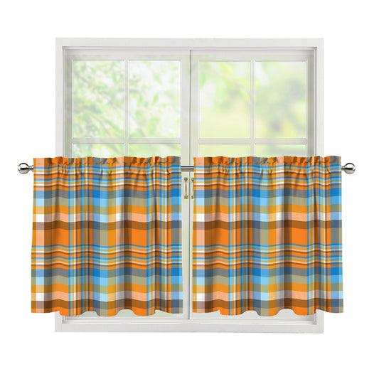 Orange And Blue Madras Pattern Print Tier Curtains