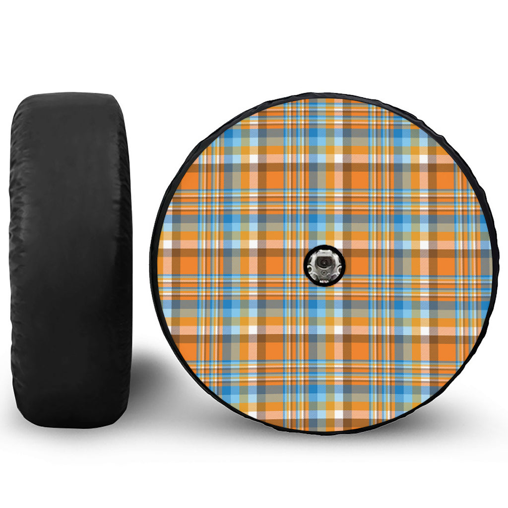 Orange And Blue Madras Pattern Print Tire Cover With Camera Hole