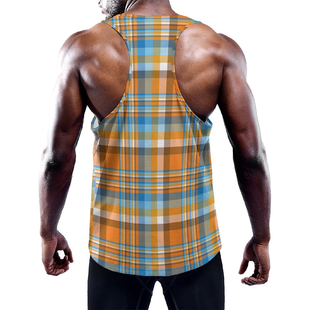Orange And Blue Madras Pattern Print Training Tank Top