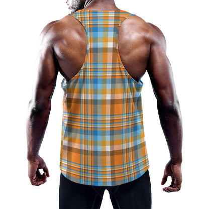 Orange And Blue Madras Pattern Print Training Tank Top
