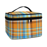 Orange And Blue Madras Pattern Print Travel Makeup Bag