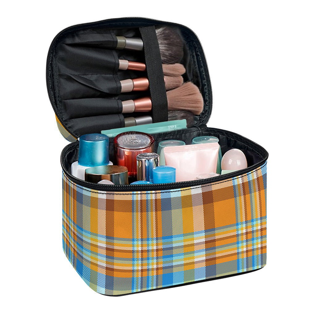 Orange And Blue Madras Pattern Print Travel Makeup Bag