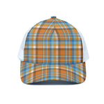 Orange And Blue Madras Pattern Print White Mesh Trucker Cap