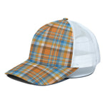 Orange And Blue Madras Pattern Print White Mesh Trucker Cap