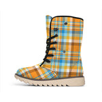 Orange And Blue Madras Pattern Print Winter Boots