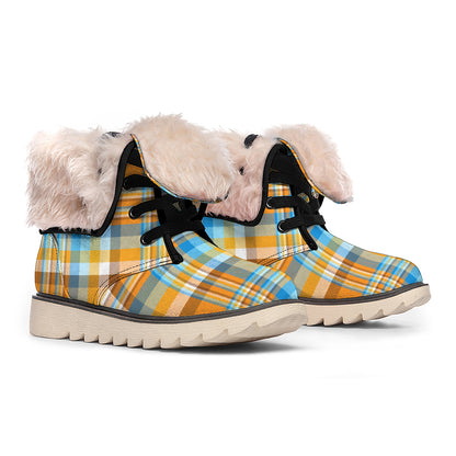 Orange And Blue Madras Pattern Print Winter Boots