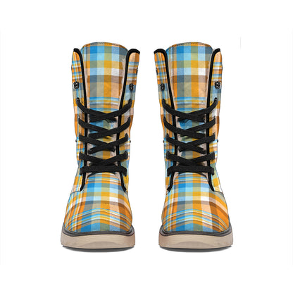 Orange And Blue Madras Pattern Print Winter Boots