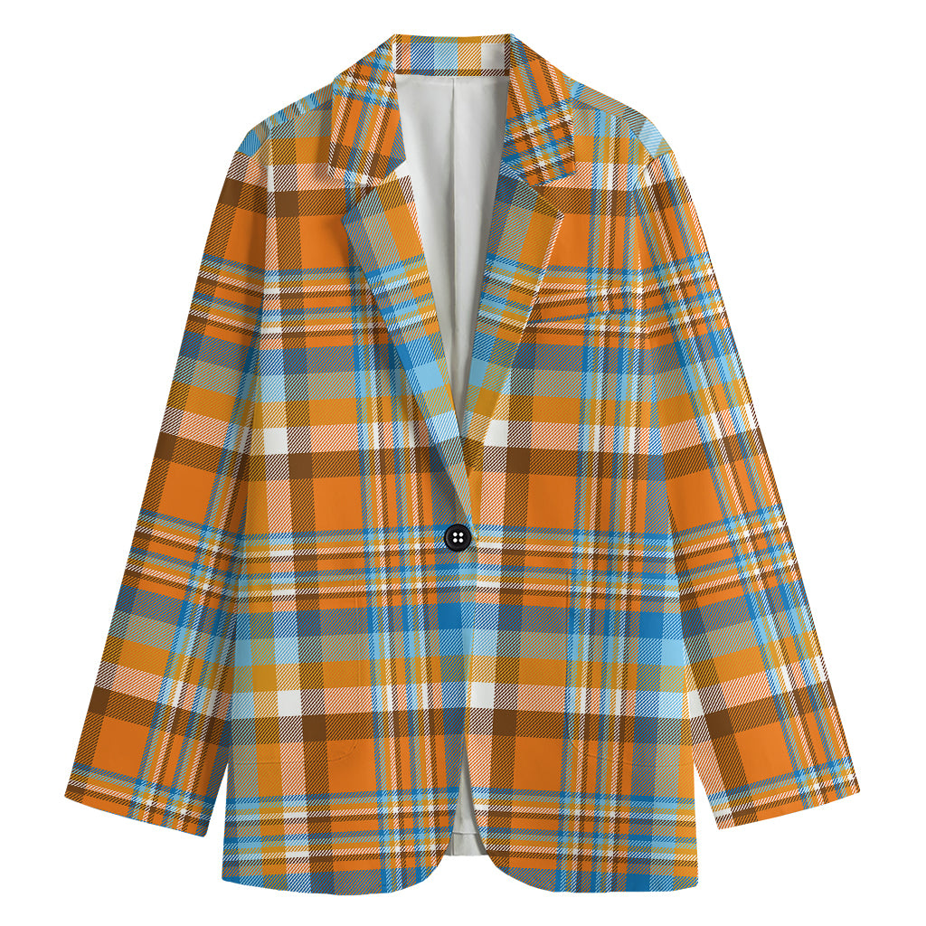 Orange And Blue Madras Pattern Print Women's Blazer