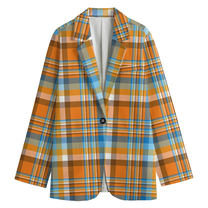 Orange And Blue Madras Pattern Print Women's Blazer