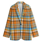 Orange And Blue Madras Pattern Print Women's Blazer