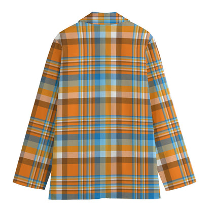 Orange And Blue Madras Pattern Print Women's Blazer