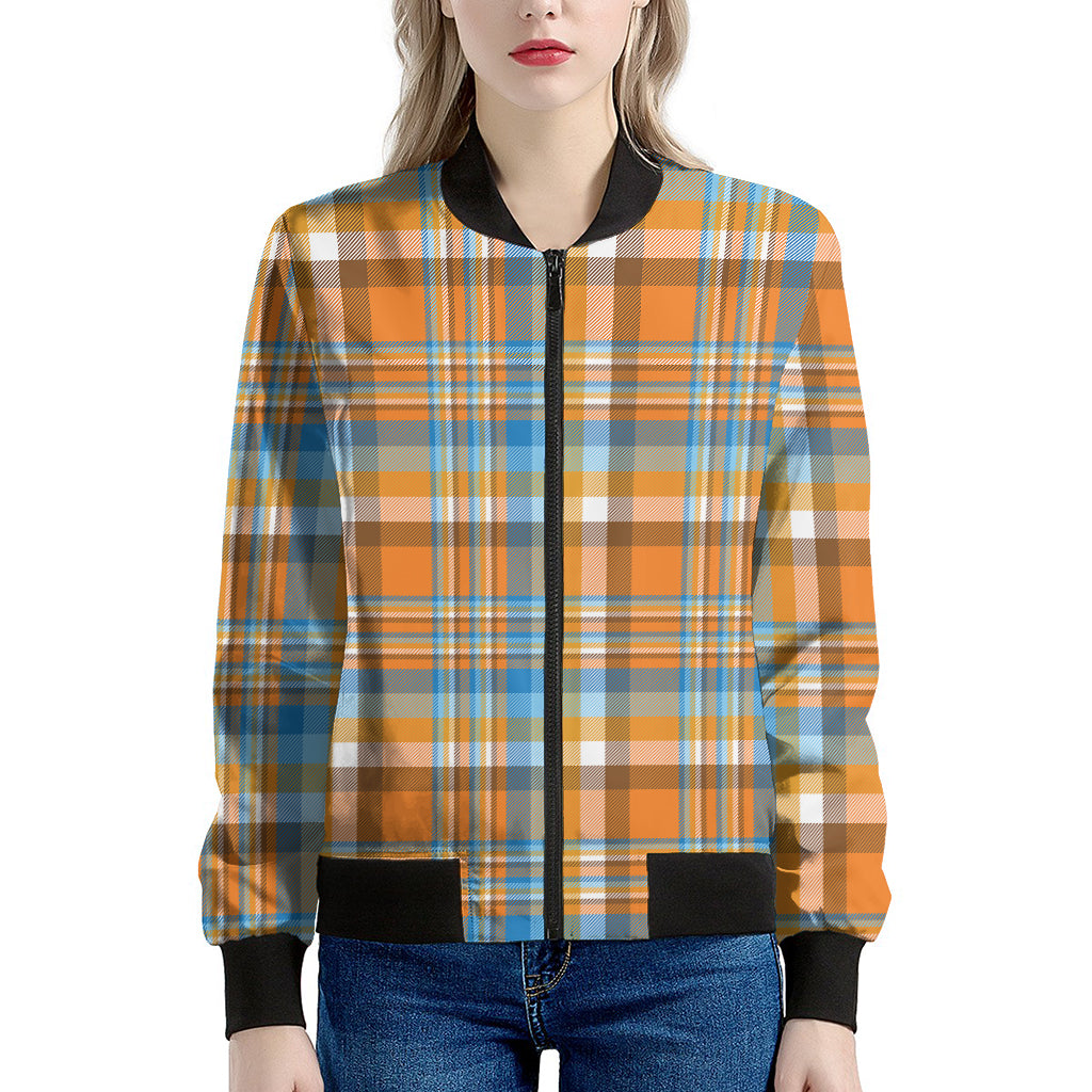 Orange And Blue Madras Pattern Print Women's Bomber Jacket