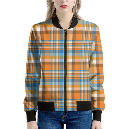 Orange And Blue Madras Pattern Print Women's Bomber Jacket