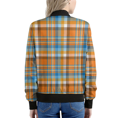 Orange And Blue Madras Pattern Print Women's Bomber Jacket