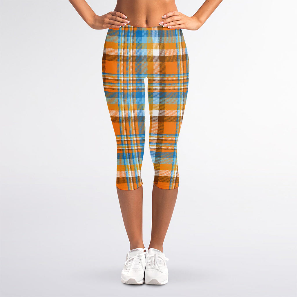 Orange And Blue Madras Pattern Print Women's Capri Leggings