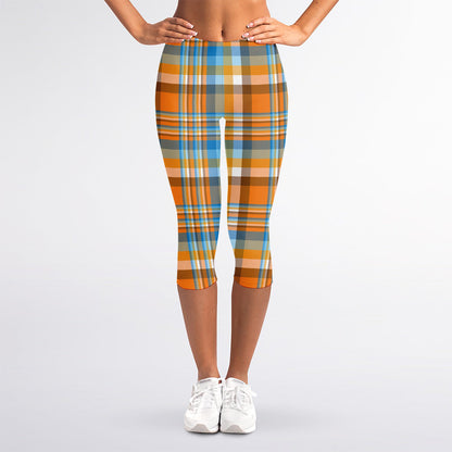 Orange And Blue Madras Pattern Print Women's Capri Leggings