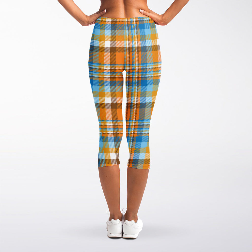 Orange And Blue Madras Pattern Print Women's Capri Leggings